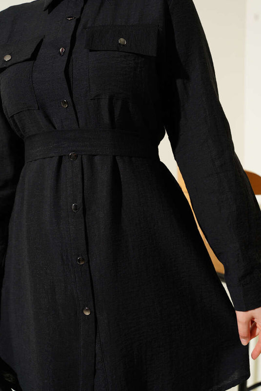 Double Chest Pocket Belted Two Piece Suit Black