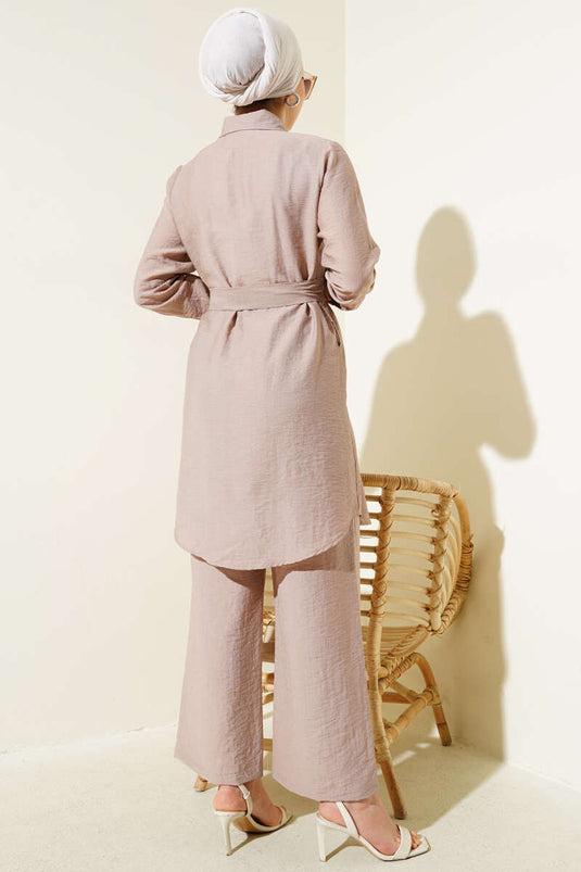 Çift Göğüs Cepli Kuşaklı İkili Takım Vizon