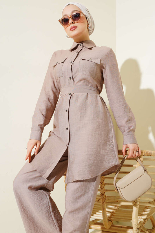 Çift Göğüs Cepli Kuşaklı İkili Takım Vizon