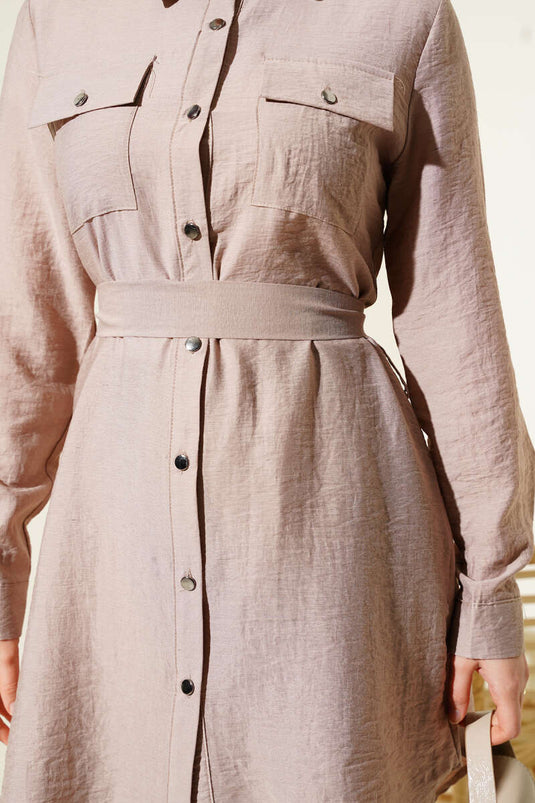 Çift Göğüs Cepli Kuşaklı İkili Takım Vizon