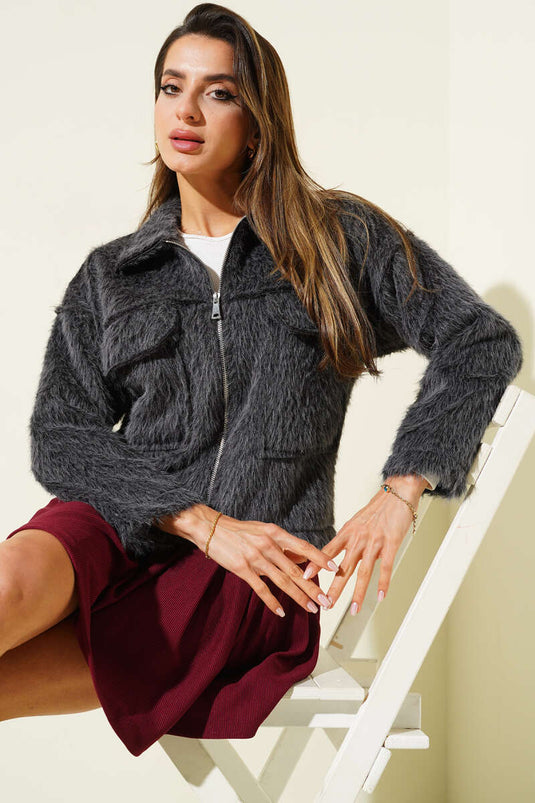 Veste courte à double poche poitrine, gris fumé, motif barbe