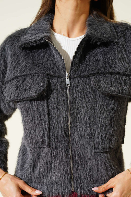 Veste courte à double poche poitrine, gris fumé, motif barbe