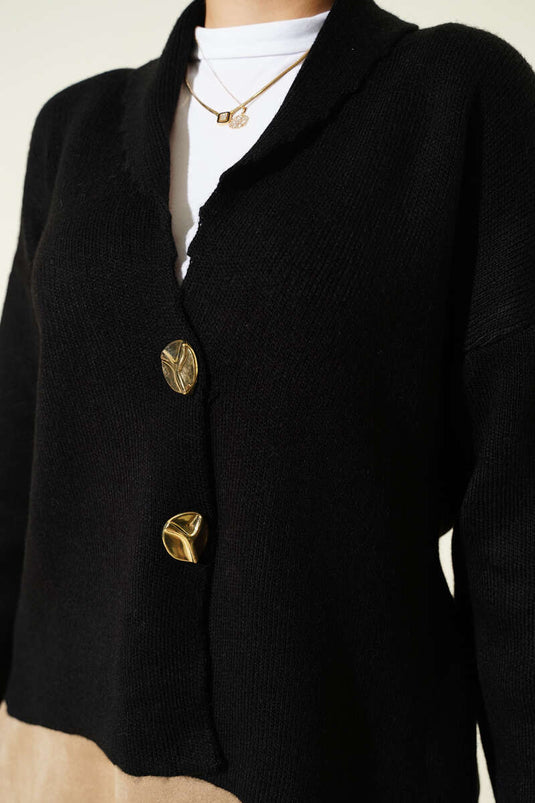 Double Gold Buttoned Short Knit Cardigan Black