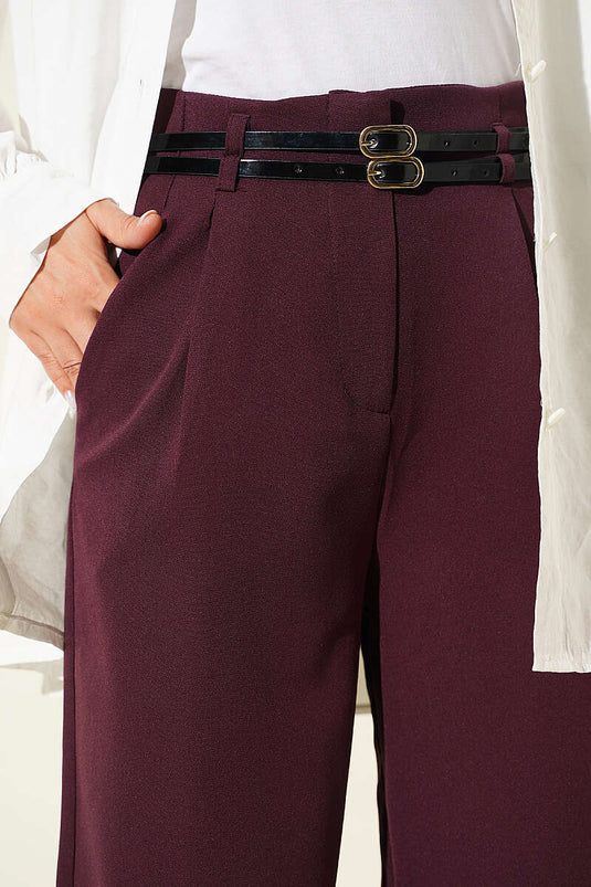 Çift İnce Kemer Geniş Paça Pantolon Mürdüm