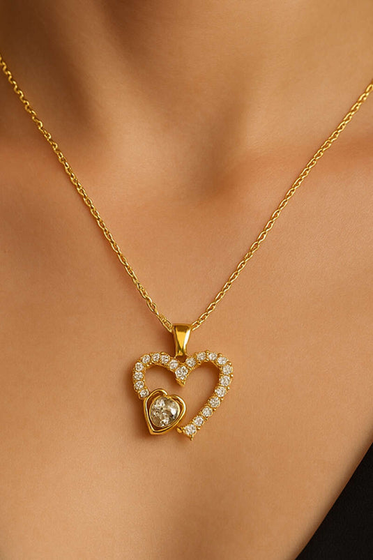 Dubbele hartvormige stenen ketting goud