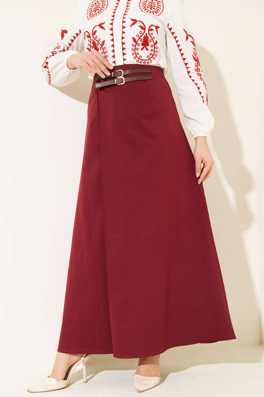 Gonna con Doppia Cintura Dettaglio Bordeaux