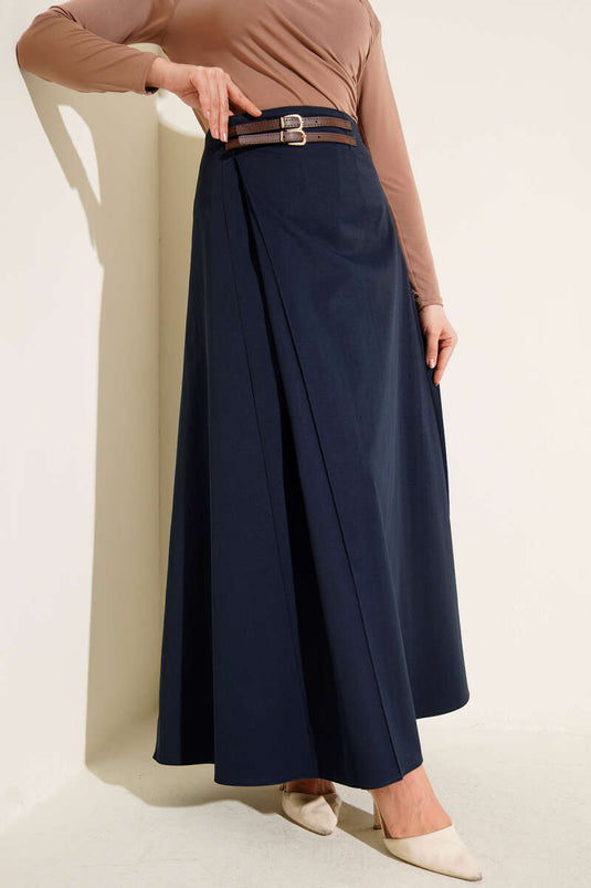 Gonna con Doppia Cintura Dettagliata Blu Scuro