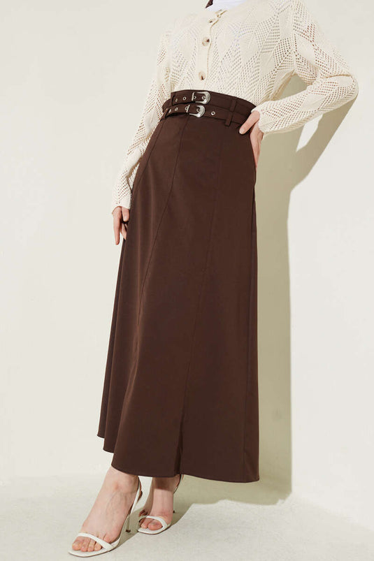 Double Belt Stitch Detail Skirt Brown