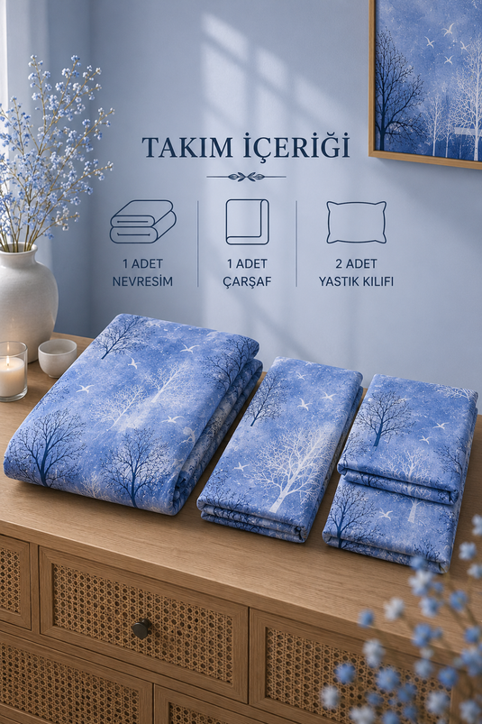 Parure de lit à motifs pour lit double bleu