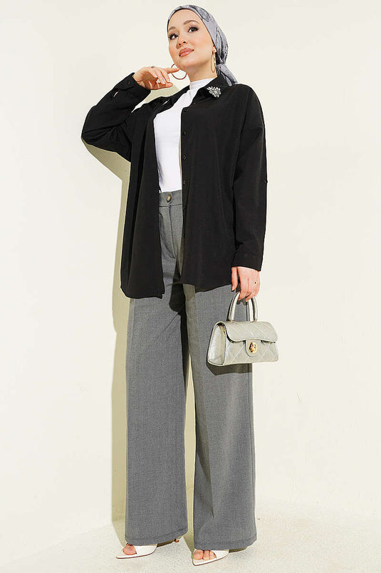 Pantalon en tissu à plis doubles avec boutons, couleur fumée