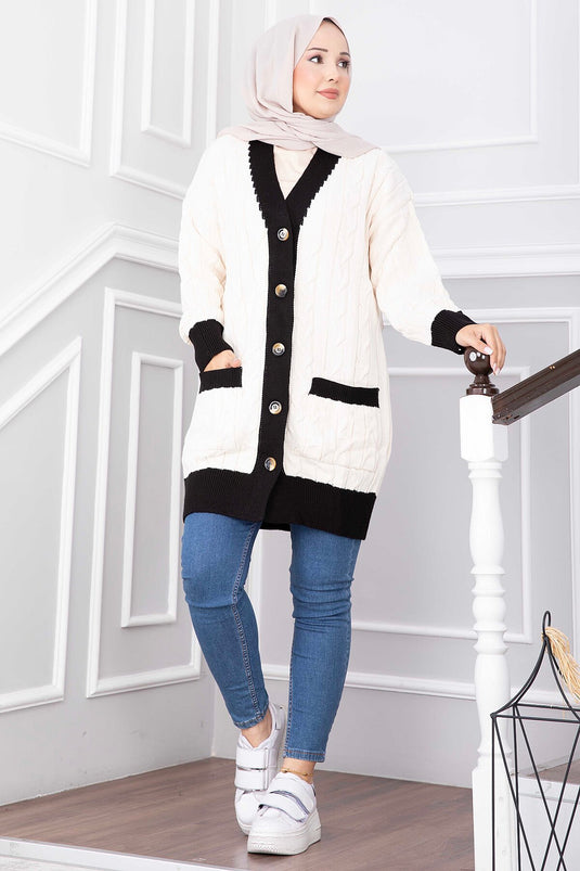Zweifarbige Strickjacke Ecru