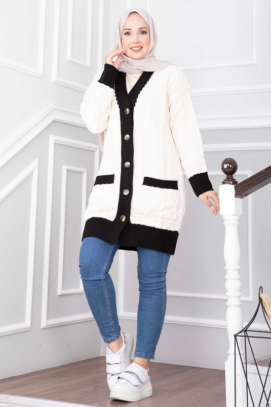 Zweifarbige Strickjacke Ecru
