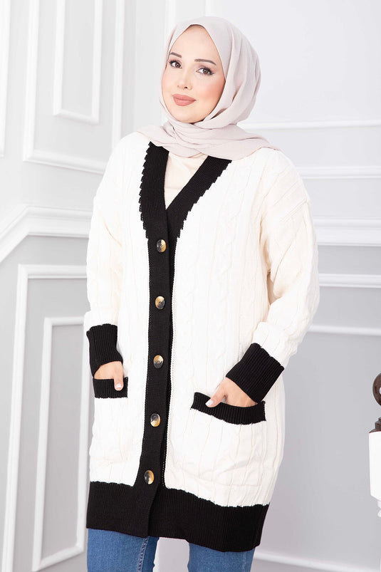 Zweifarbige Strickjacke Ecru