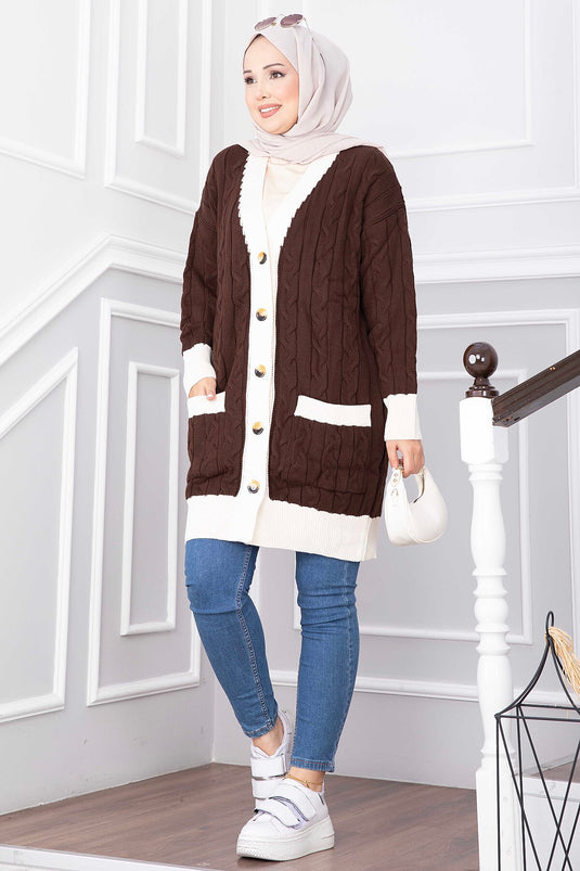 Zweifarbiger Strick-Cardigan In Kaffee