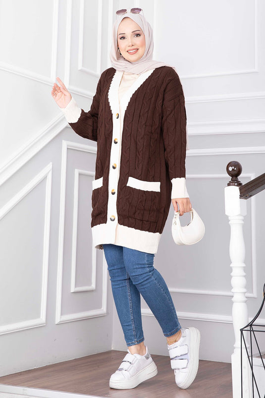 Zweifarbiger Strick-Cardigan In Kaffee