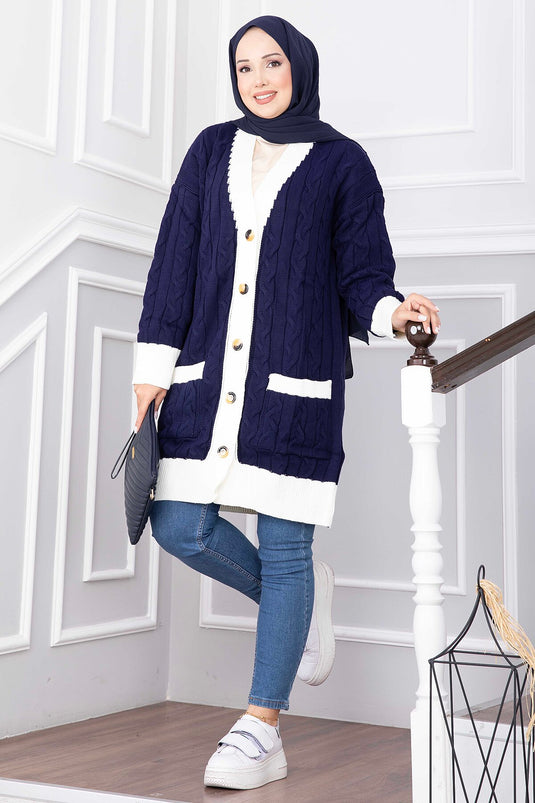 Cardigan A Maglia Bicolore Blu Navy