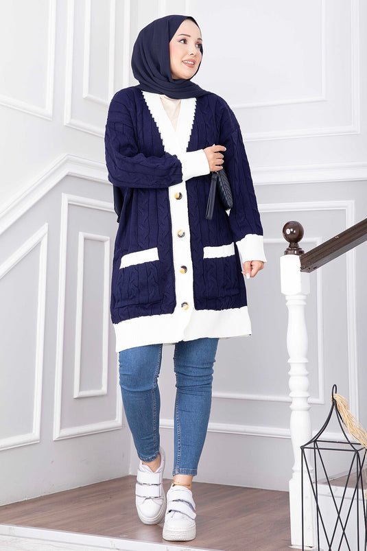 Cardigan A Maglia Bicolore Blu Navy