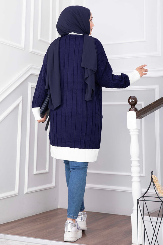 Cardigan A Maglia Bicolore Blu Navy