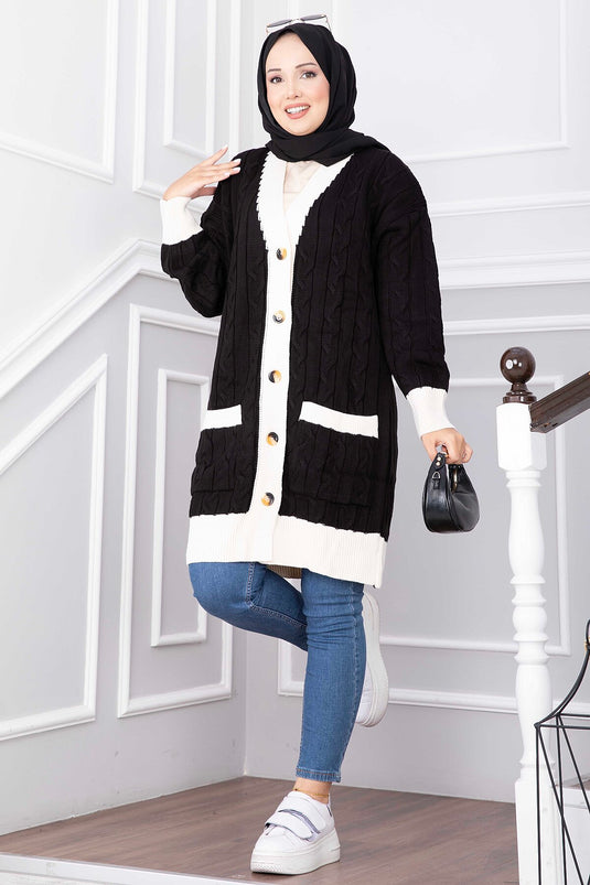 Schwarz Zweifarbiger Strickcardigan
