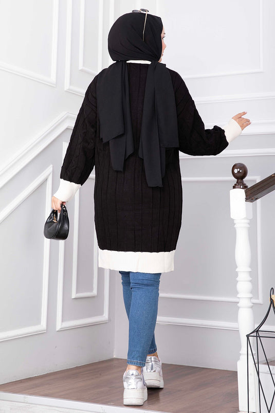 Schwarz Zweifarbiger Strickcardigan