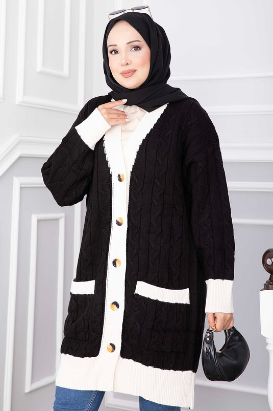 Schwarz Zweifarbiger Strickcardigan