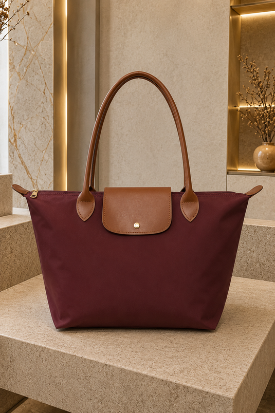 Two-Tone Leather Covered Hand & Shoulder Bag Burgundy