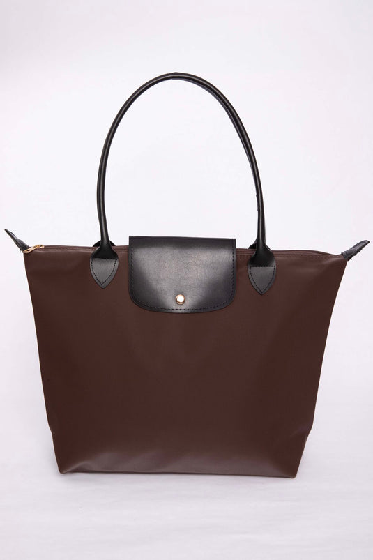 Zweifarbige Hand- und Schultertasche mit Lederdeckel, Braun