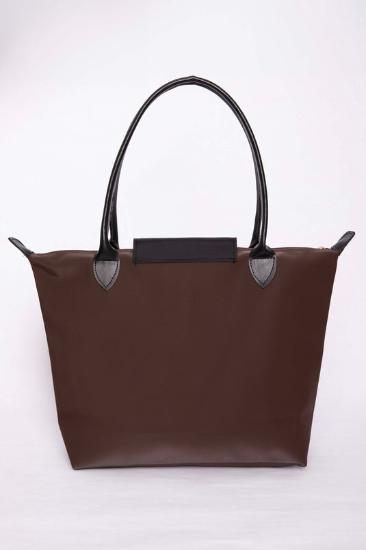 Zweifarbige Hand- und Schultertasche mit Lederdeckel, Braun