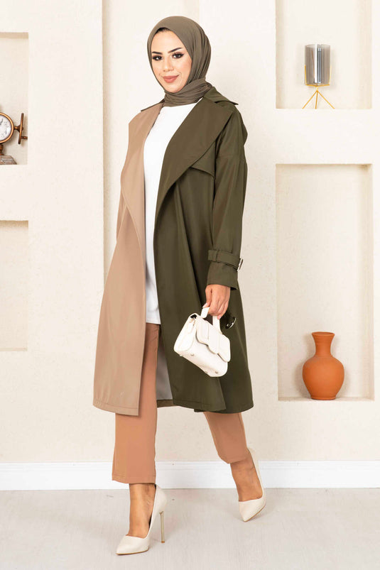 معطف ترنش ثنائي اللون 100MD-10016 كاكي