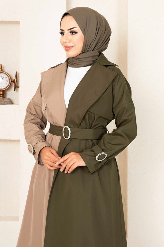 معطف ترنش ثنائي اللون 100MD-10016 كاكي
