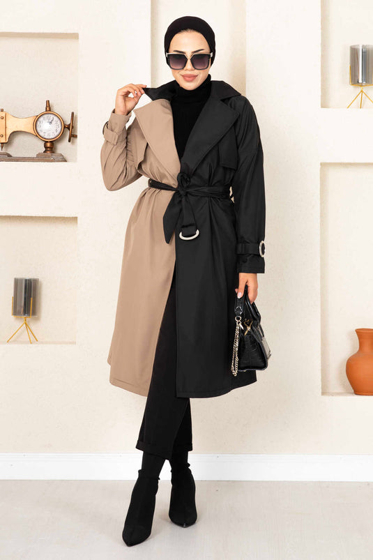 Trench-coat bicolore 100MD-10016 Crème-Noir