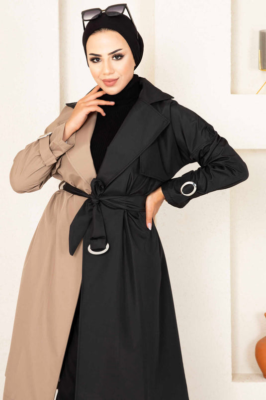 معطف ترنش ثنائي اللون 100MD-10016 كريمي-أسود