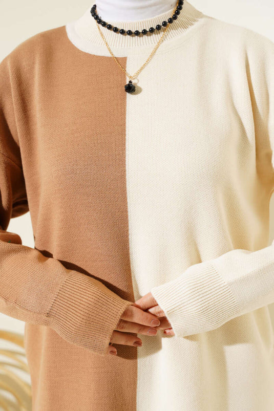 Two-Tone Knit Two-Piece Set Beige