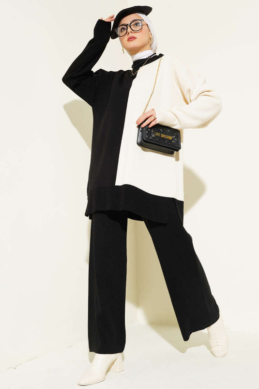 Two-Tone Knit Two-Piece Set Black