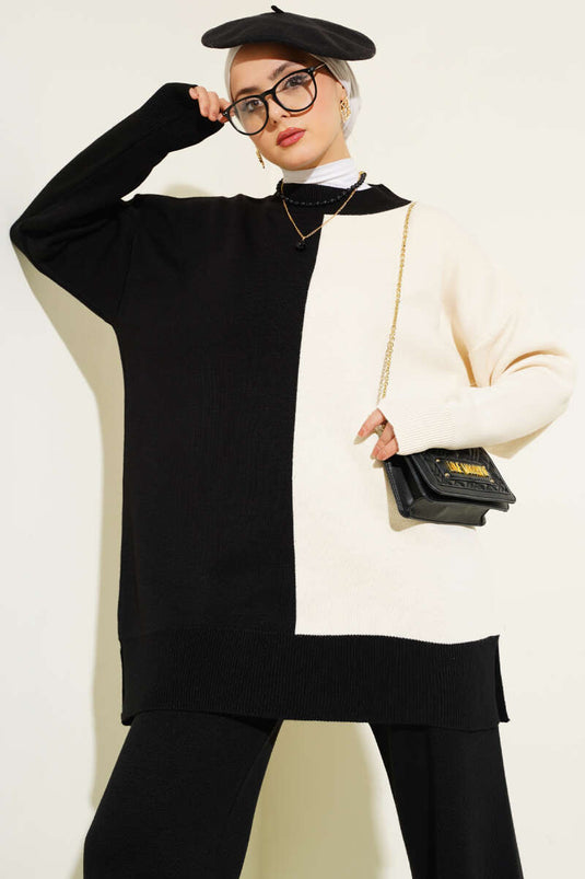 Two-Tone Knit Two-Piece Set Black