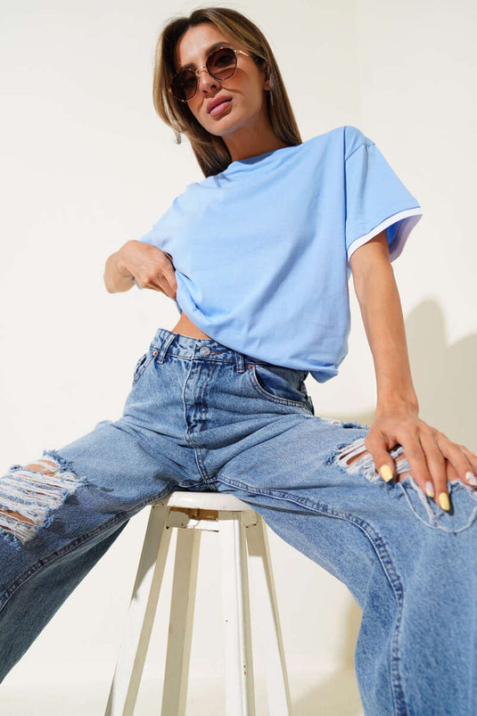 T-shirt côtelé double, bleu