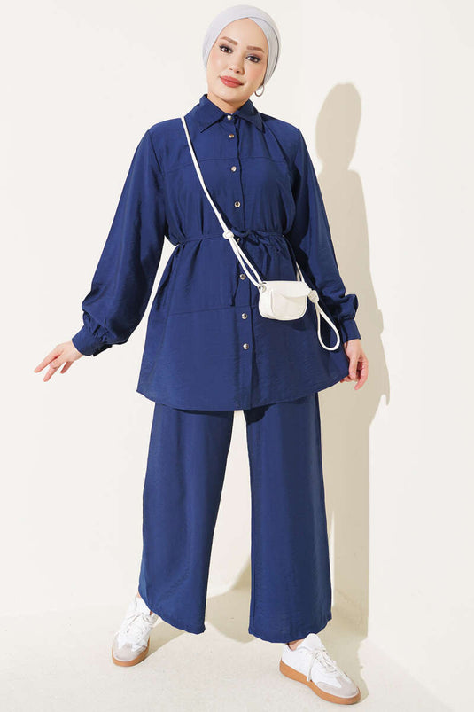 Navy Double-Striped Belted Two-Piece Set