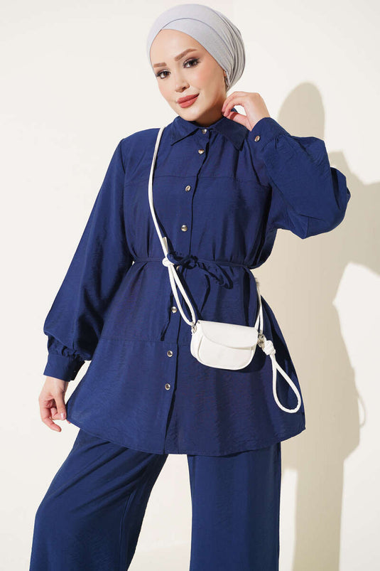 Navy Double-Striped Belted Two-Piece Set