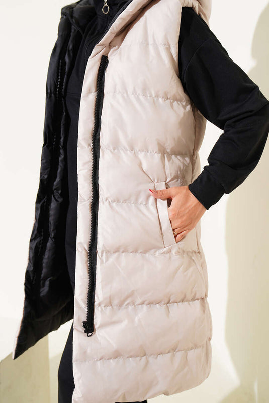 Gilet matelassé zippé double face noir beige