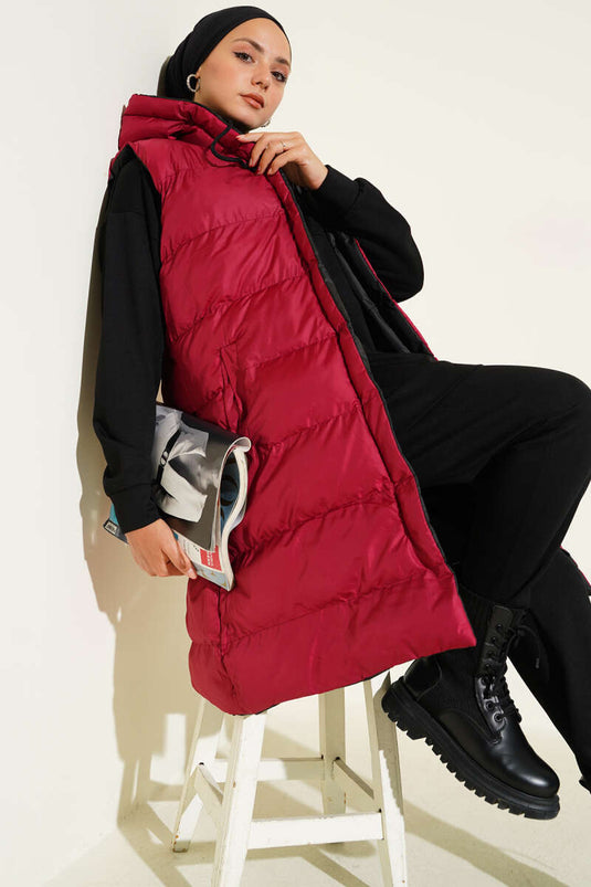 Çift Taraflı Fermuarlı Şişme Yelek Siyah Bordo