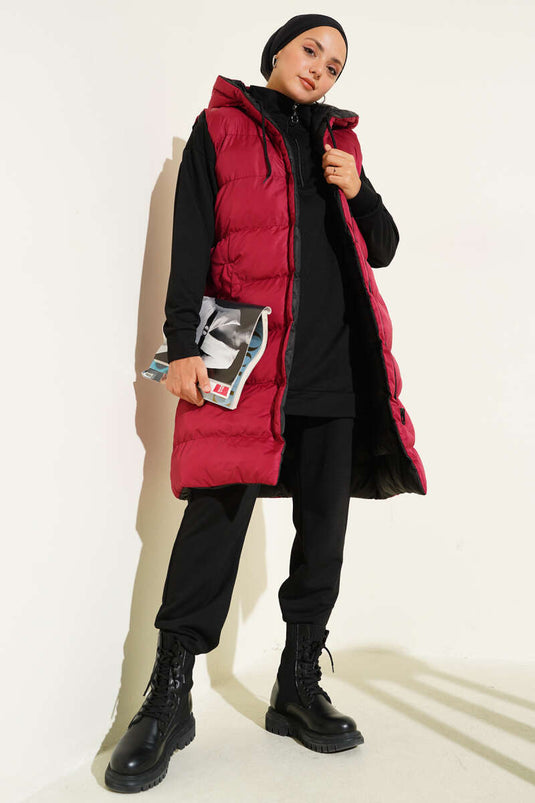 Çift Taraflı Fermuarlı Şişme Yelek Siyah Bordo