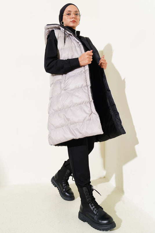 Çift Taraflı Fermuarlı Şişme Yelek Siyah Gri