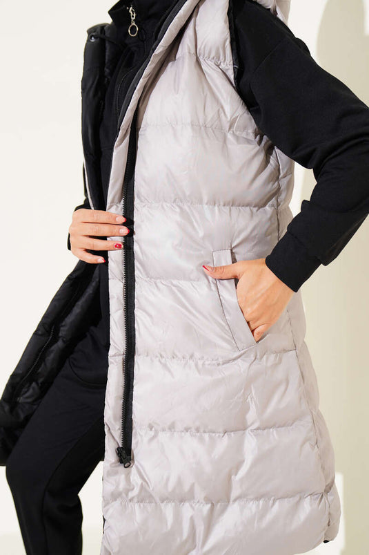 Çift Taraflı Fermuarlı Şişme Yelek Siyah Gri