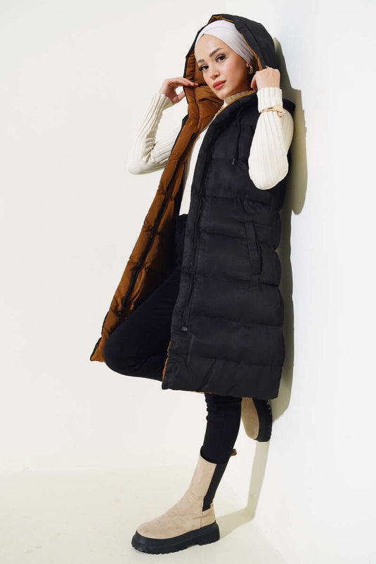 Gilet matelassé à fermeture éclair double face noir beige