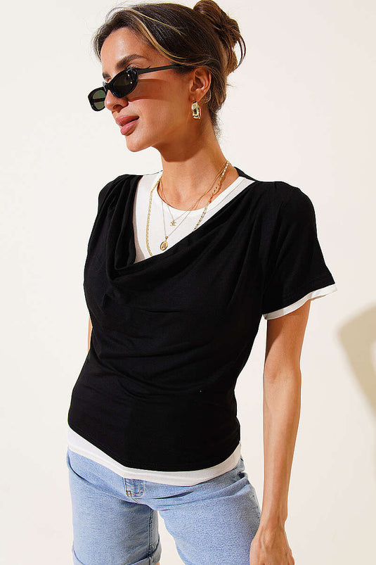 Double Collar Look T-shirt Black
