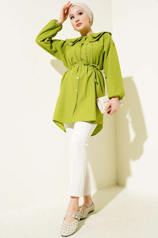 Double Collar Rope Belted Shirt Pistachio Green