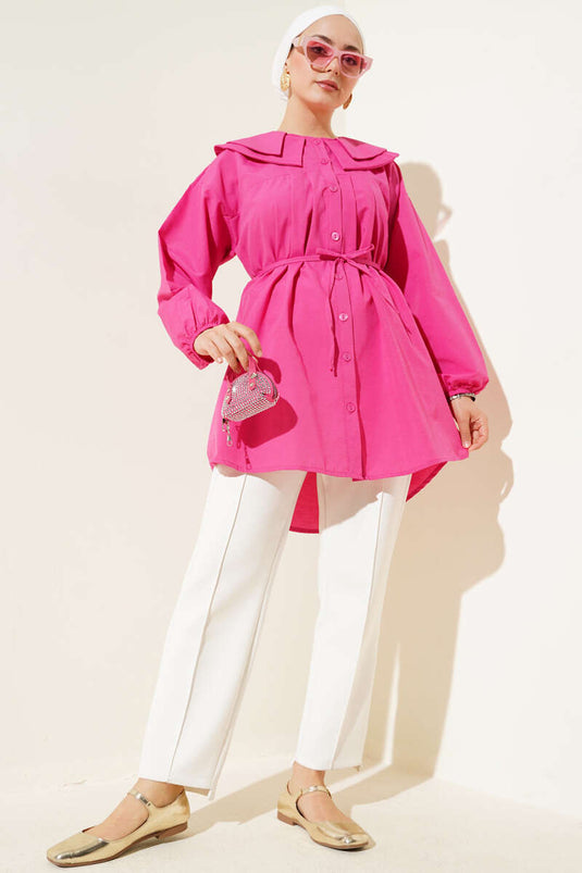 Dubbele kraag touw riem overhemd fuchsia