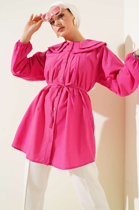 Dubbele kraag touw riem overhemd fuchsia