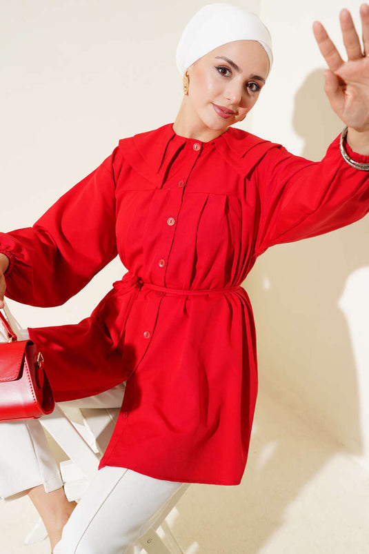 Double Collar Rope Belted Shirt Red