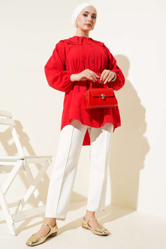 Double Collar Rope Belted Shirt Red